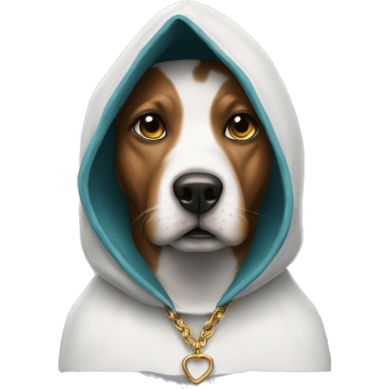 Dog with a hood on and a necklace emoji