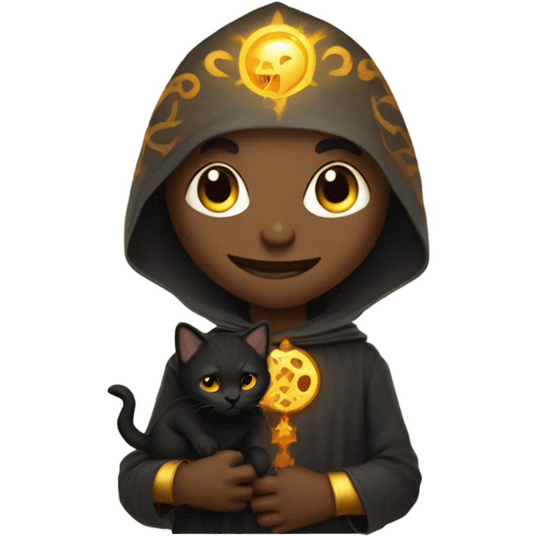 A sun warlock who has light skin and is holding a black kitten emoji