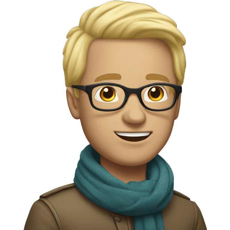 celebrate white man with light skin colour, with squared glasses, blond hair, no beard, wearing a scarf and balloons in the background emoji