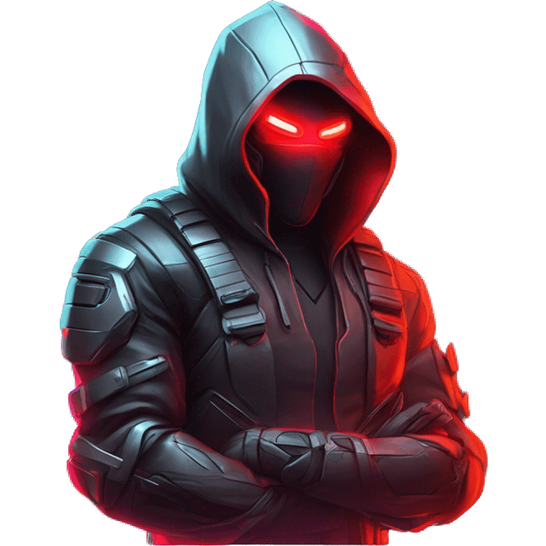 developer behind his laptop with this style : crysis Cyberpunk Riot Games Valorant neon glowing bright red character red dark black hooded assassin themed character emoji