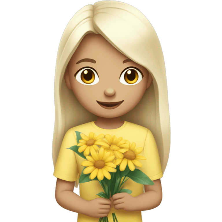  white skin child with black long straight hair wearing a pastel yellow jumpsuit with white shirt in it and carrying a flower arrangement in her hands emoji