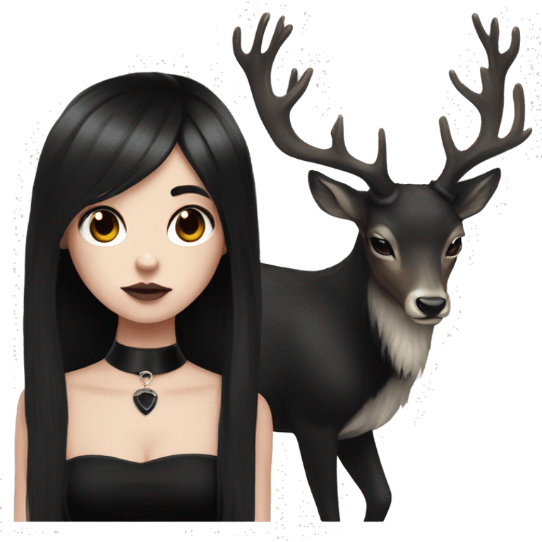 Portrait. Goth deer girl in a black sleeveless dress with a choker. White antlers with deer ears. Long Black hair emoji