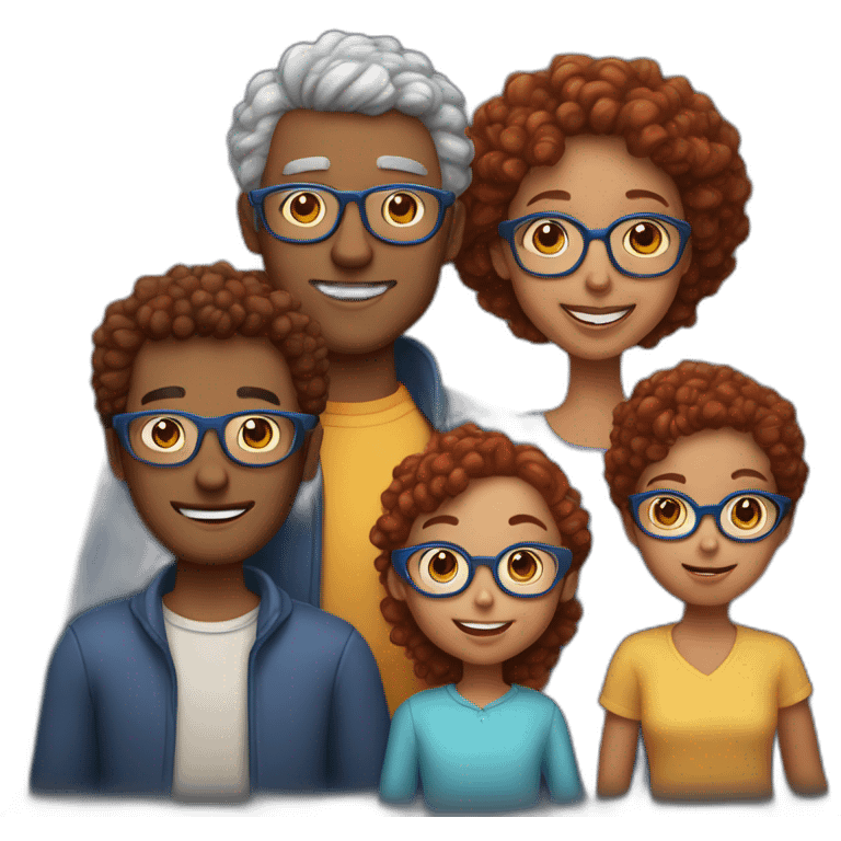 family of four father with gray hair mother with red curly hair and blue glasses son with brown hair and little daughter with curly brown hair emoji