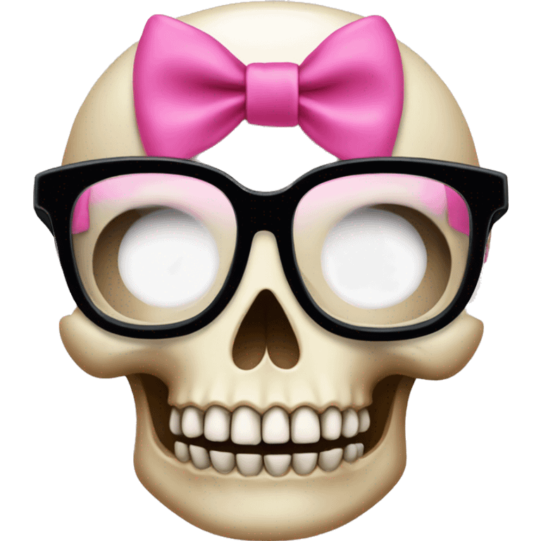 Girly Skull with black glasses and pink bow on top of skull emoji