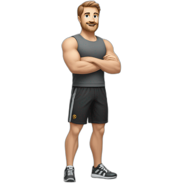 Full height realistic Actively gesturing with hands Pale skinned Fit Man With the biceps and brown hair in dark gray Sleeveless Mike, black oversize sports shorts, watch and white Sneakers emoji