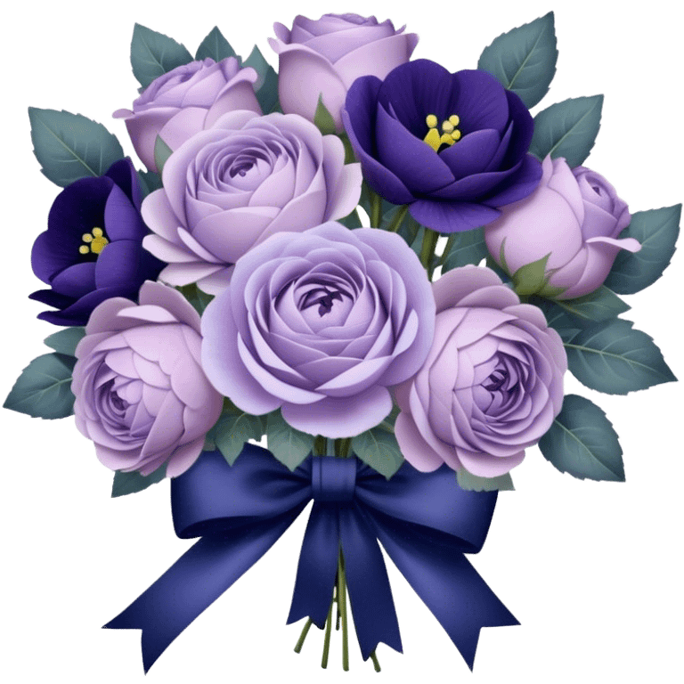 A hand-tied bouquet of soft lilac roses, pale violet peonies, and deep indigo pansies, bound with layers of vintage lace and a faded purple silk bow, rests upon a carved wooden vanity, beside an antique silver heart-shaped mirror reflecting the timeless beauty of love’s gentle touch. emoji