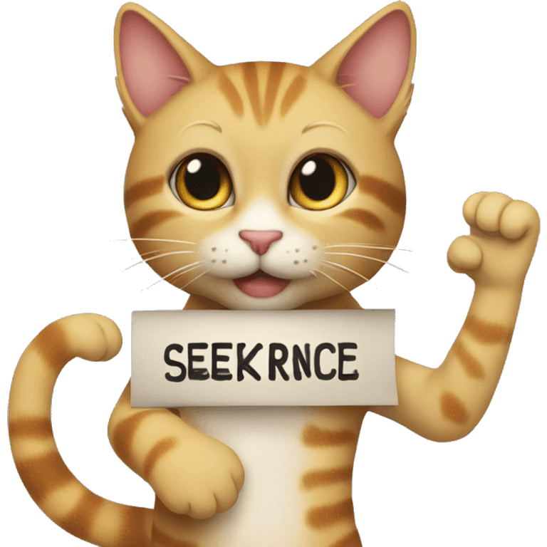 A cute cat holding a sign above its head that says "Seeker Alliance." emoji