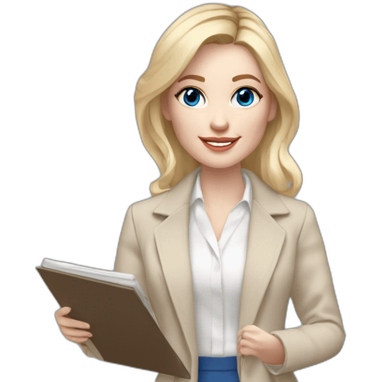 pale skin woman interior designer with cold blonde middle length hair, blue eyes, beige blouse, White oversize jacket, Gray skirt holding a color palette in the hands emoji