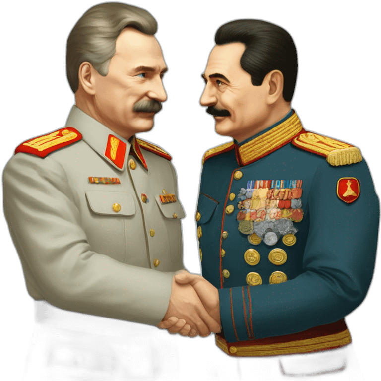 Stalin shakes Putin's hand. Putin without a mustache in a suit, Stalin in a tunic emoji