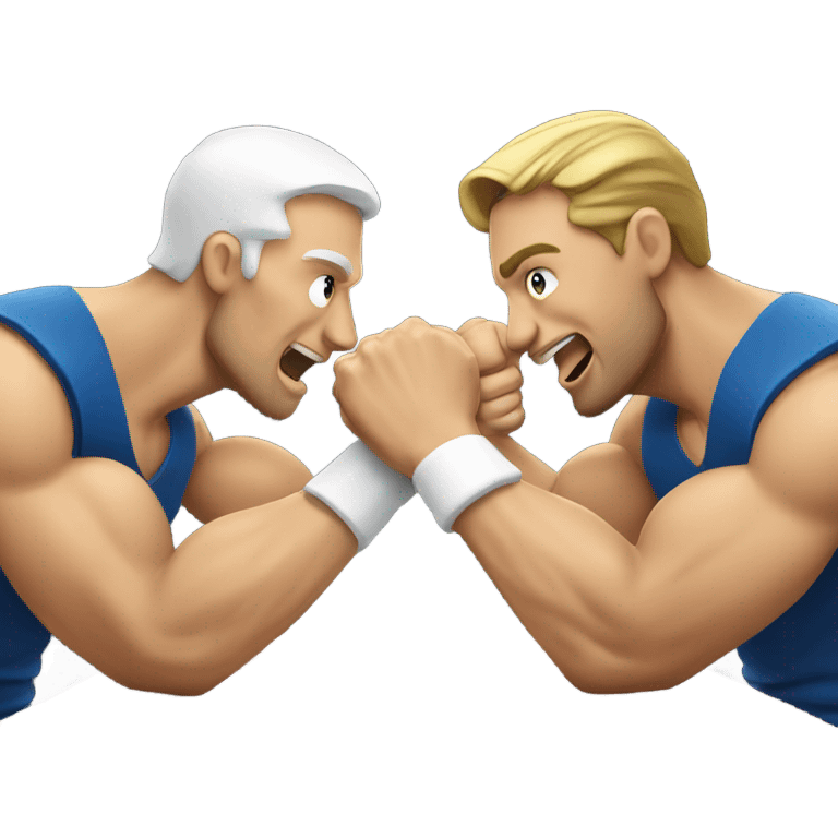 Two men armwrestling sit in front of a table. White men  emoji