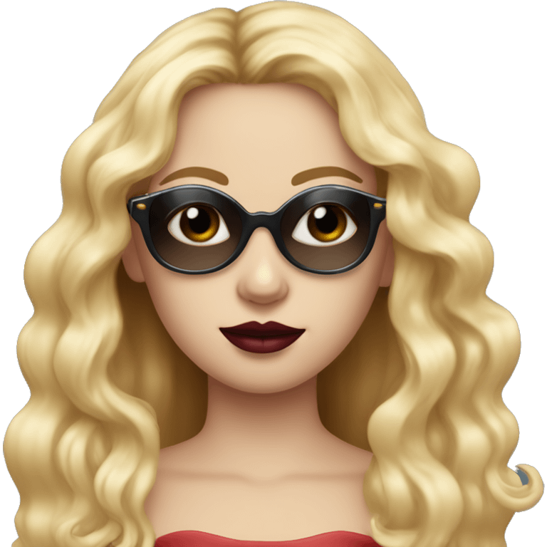 Crown on her head girl long blonde hair blue eyes black sunglasses that cover her eyes and cherry lipstick emoji