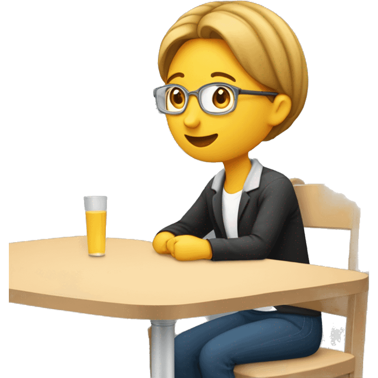 une personne est assise à une table, elle a des écouteurs et un micro est posé sur la table emoji