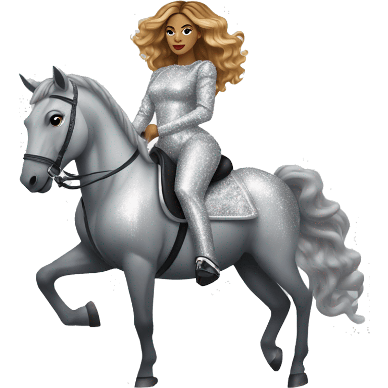 beyoncé in a silver outfit riding on a silver sparkly horse emoji