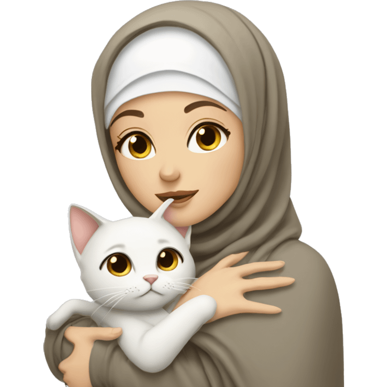 pretty white skin woman with hijab hugging a cat emoji