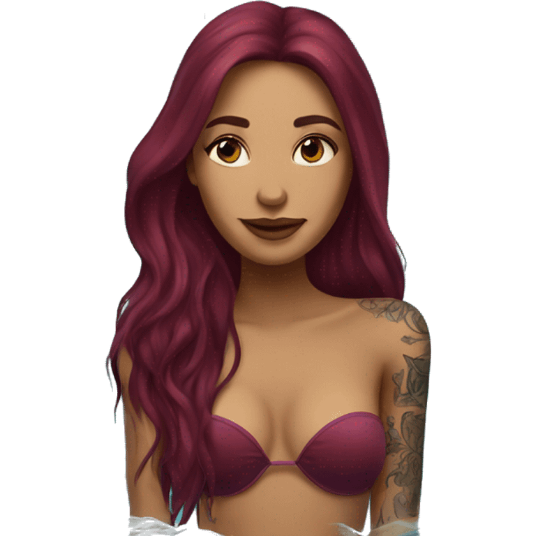 Beautiful tattooed  burgundy long haired woman swimming in a pool emoji