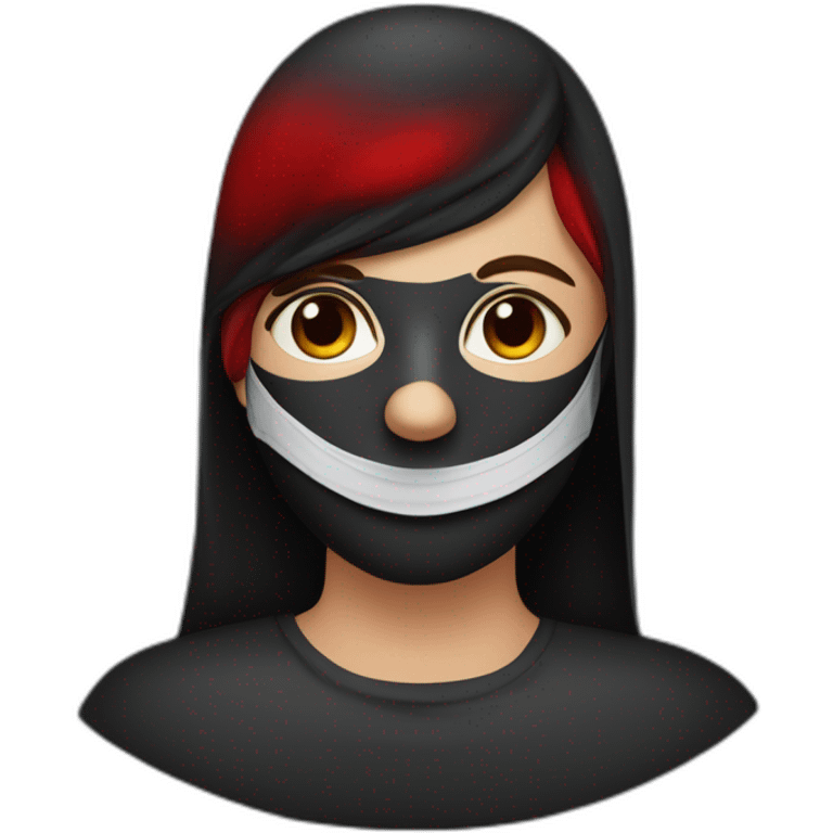 une personne avec des habis noir avec un masque de couleur noir avec des yeux rouges qui recouvre son visage emoji