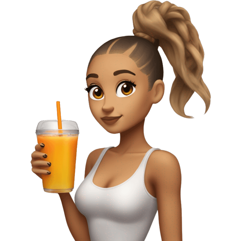 Ariana Grande wearing spray tan and holding a cookie and a glass of orange juice, she is wearing a high ponytail and staring directly emoji