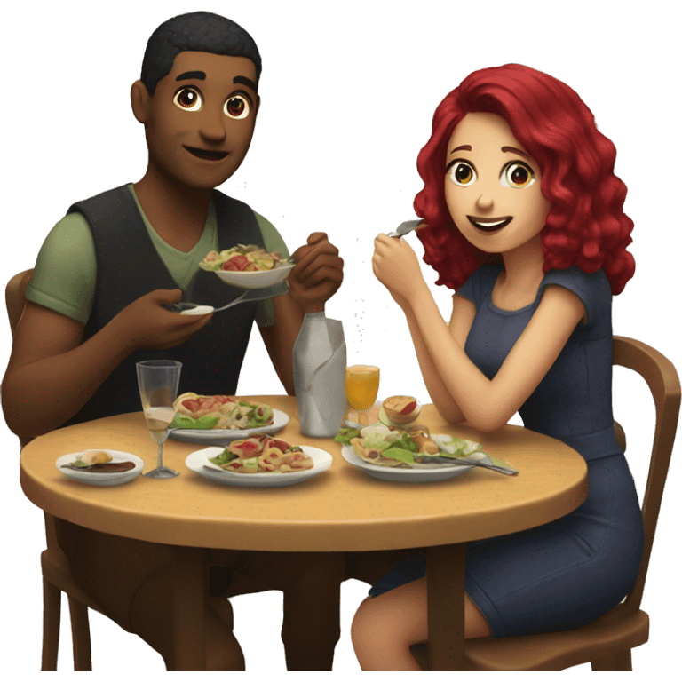 Girl with burgundy hair and her boyfriend sitting at the table eating dinner emoji