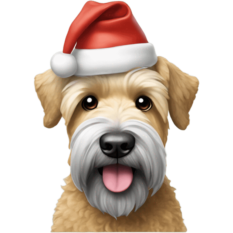 Hyper realistic soft coated Wheaton terrier with grey ears and short hair on it head wearing a Santa hat emoji