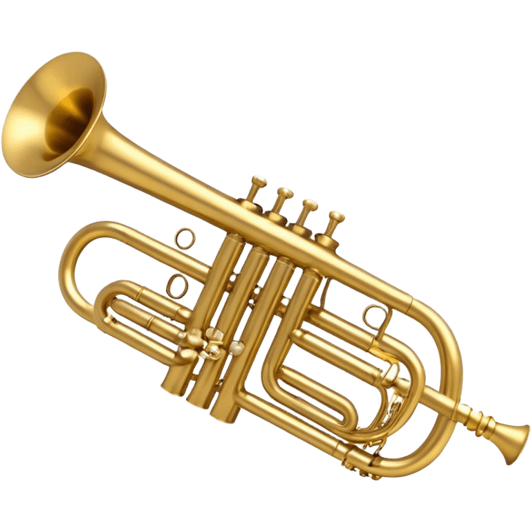 Create a sleek and polished emoji representing the Brahner trumpet. The design should feature the shiny brass body of the trumpet, with its distinct bell shape and coiled tubing. Highlight the three smooth, finger-operated valves, and the mouthpiece at the top of the instrument. The finish of the trumpet should be a rich, golden brass tone with subtle reflections, giving it a polished and professional appearance. Add musical notes or soundwaves around the bell of the trumpet to evoke its bold and brassy sound. Use golden, brass, and silver tones to emphasize the vibrant, high-quality design of the trumpet. The background should be transparent. emoji