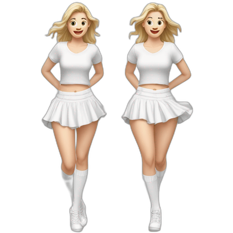 Hyperrealistic Full body Caucasian curvy beauty jumping short white skirt back and front views strong wind knickers long white socks emoji