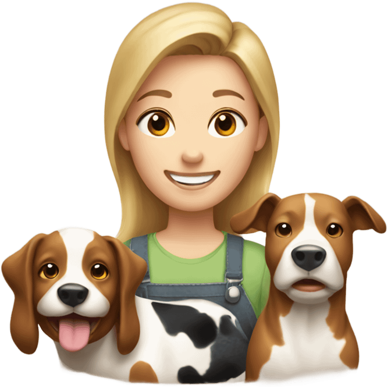 happy face emoji with brownish blonde hair on a farm with a cow and a dog  emoji