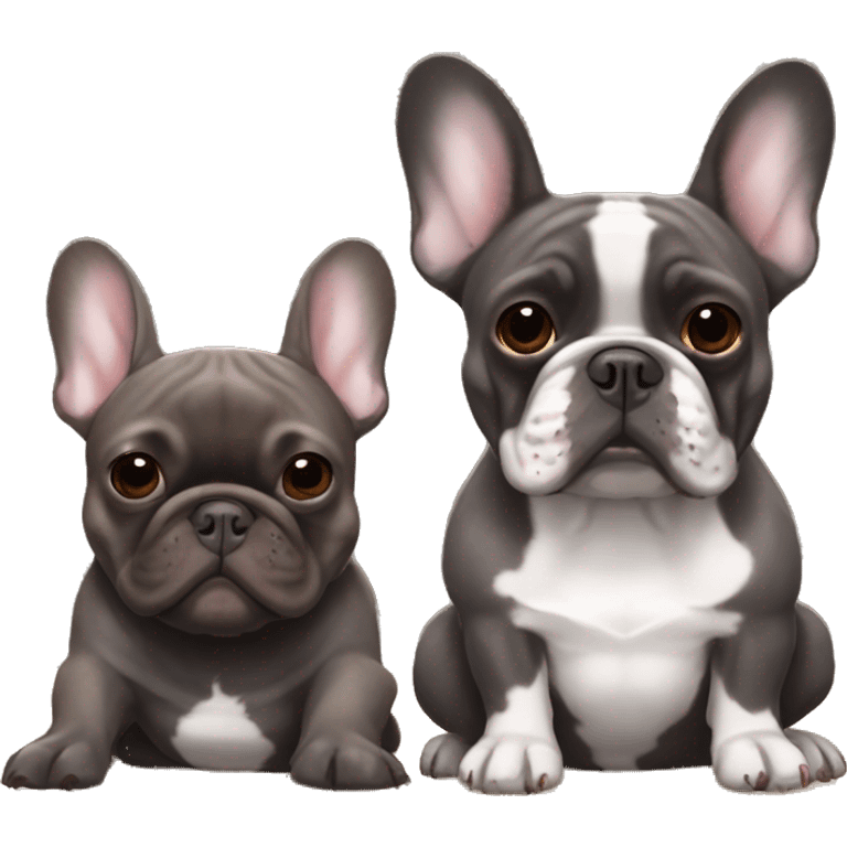 dark gray french bulldog happy alongside a dark brown brindle French bulldog, best friends emoji