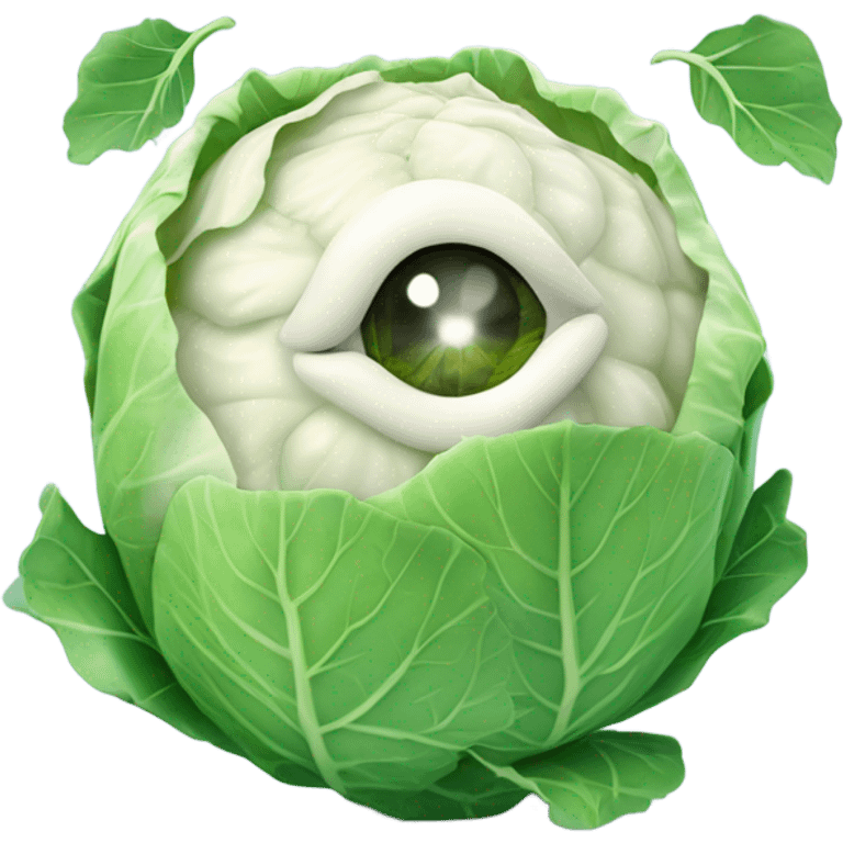 Create a 3D "White colored cabbage" with a surprised face and big shiny eyes 👀. one green leaf, white colored copta holds the mirror with its reflection 🪞 emoji