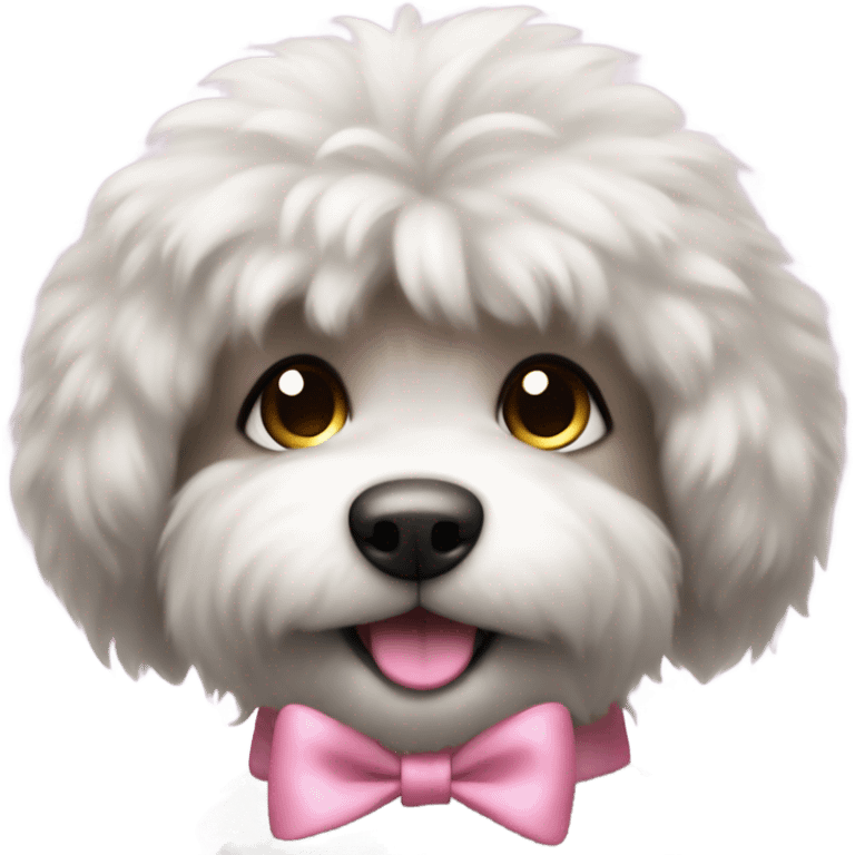 A fluffy dog thats almost silvery and its cute with a pink bow round its neck. Its ears are big and fluffy. emoji