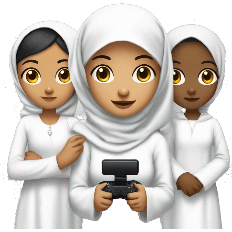 an olive skinned woman wearing hijab with white hijab and white long formal clothes. with black eye and big eye small nose small mouth with a bit long chin . with her nephew and niece . holding a controller playstation. so many actions family members  emoji