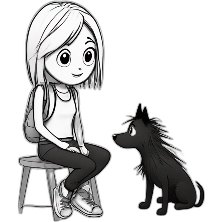 a dog and a girl with black spiky hair looking at each other in style of ((sarah andersen)), black and white,sarah andersen,cartoon,drawn,sketch emoji