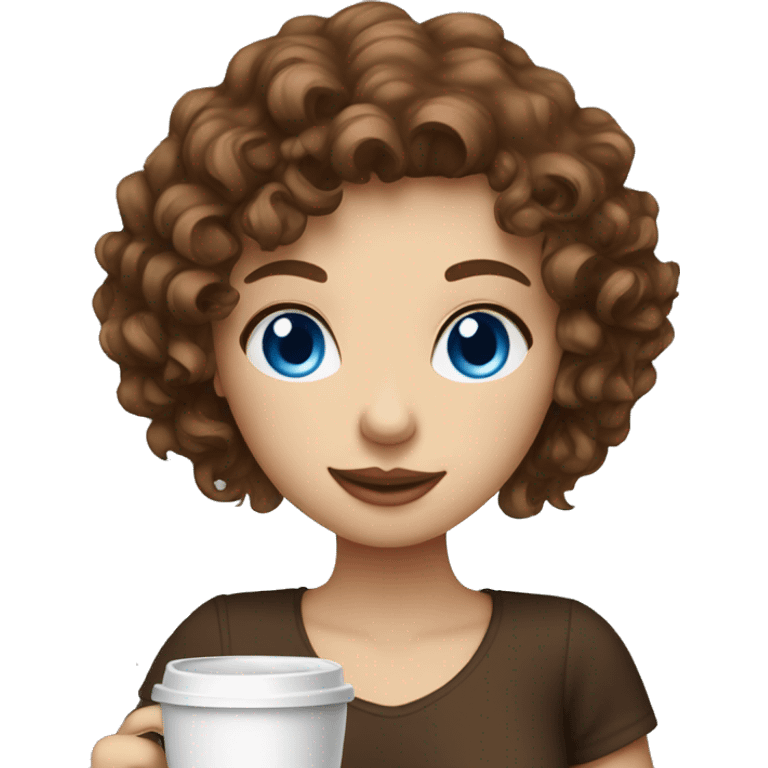 girl with fair skin brown curly hair and blue eyes drinking a coffee emoji