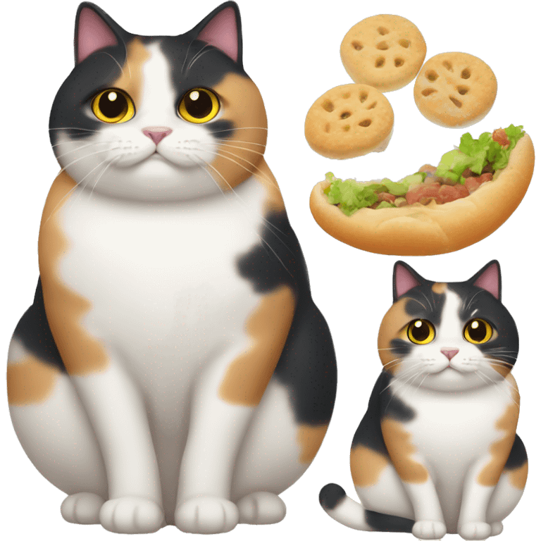 Fat calico cat with food emoji