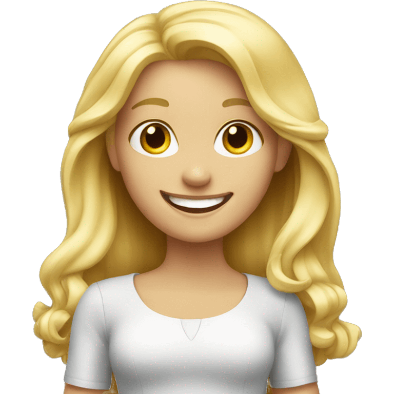 happy blonde girl showing iphone emoji