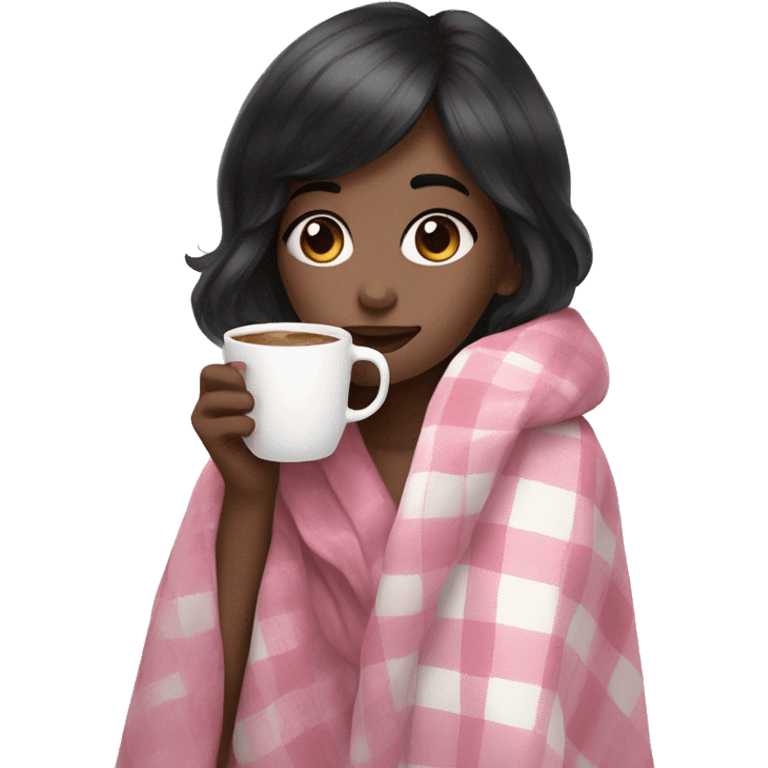 A cute black hair girl wrapped in pastel pink plaid blanket drinking coffee emoji