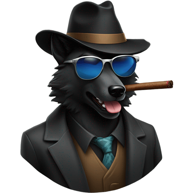 A black wolf with a fedora own smoking a cigar and sunglasses￼ emoji