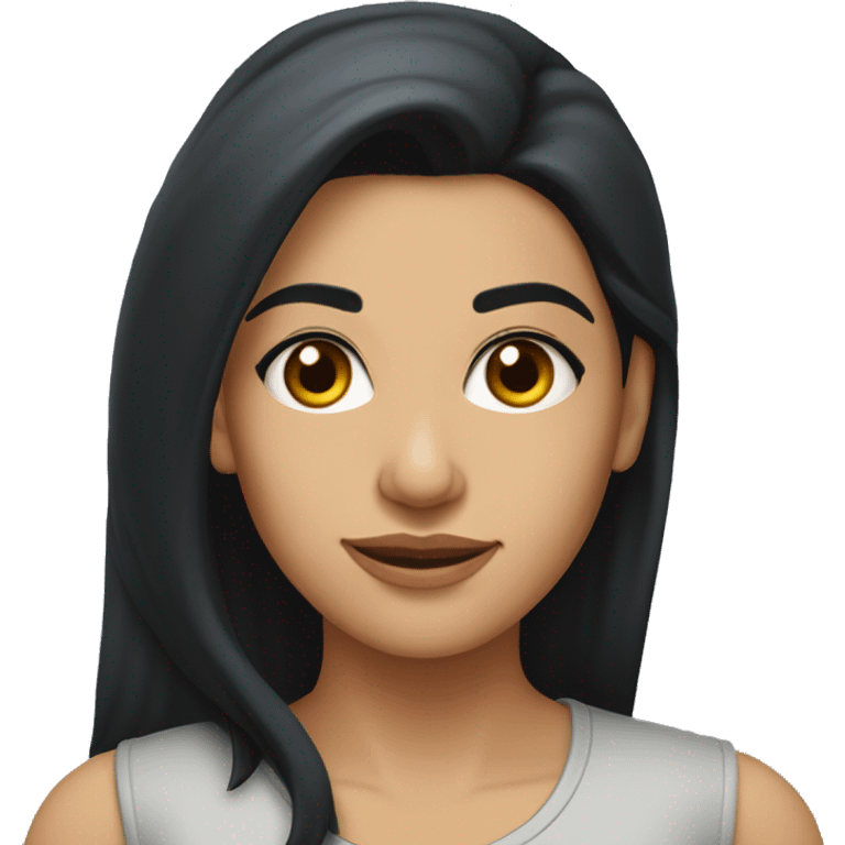 A head and shoulders shot of a 32 year old Middle Eastern woman, with long black hair,   with brown eyes wearing a t-shirt. emoji