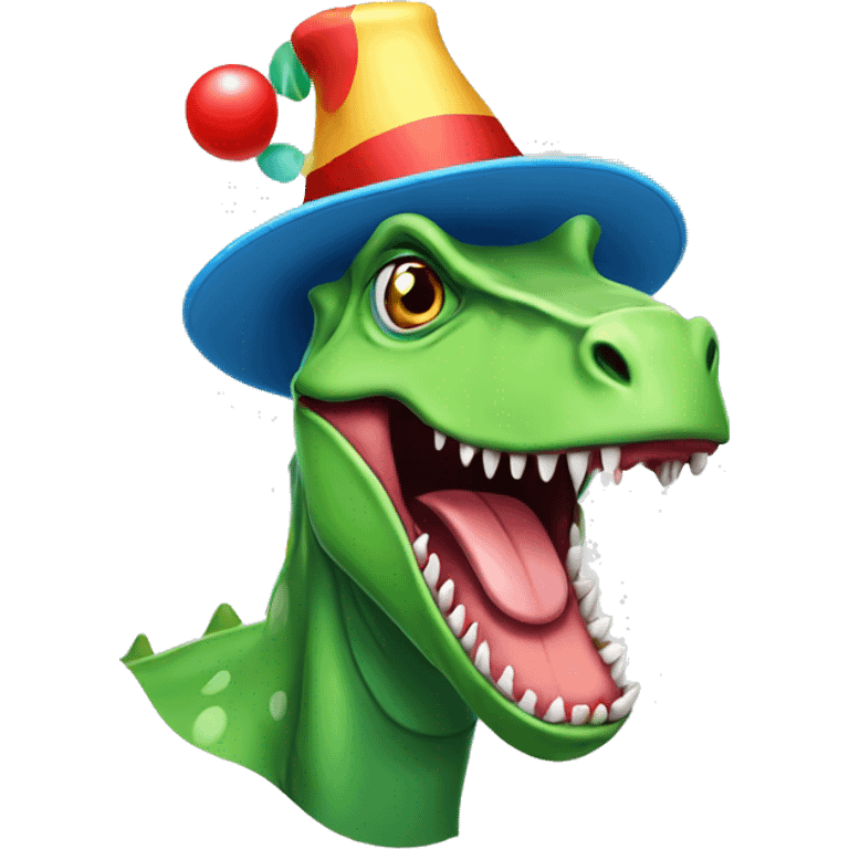 dinosuar with tongue out with clown hat emoji