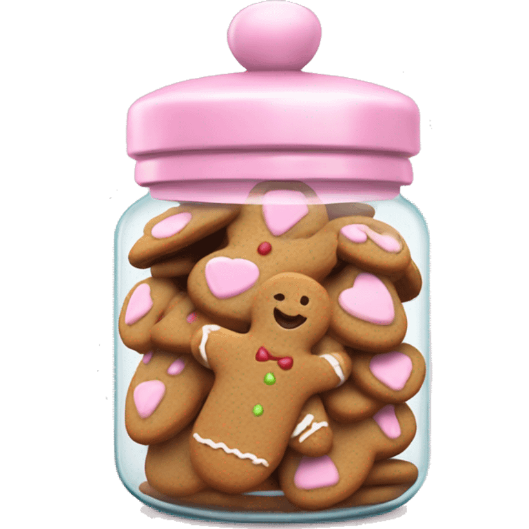 Realistic glass cookie jar with light pink lid full of gingerbread cookies isolated.  emoji