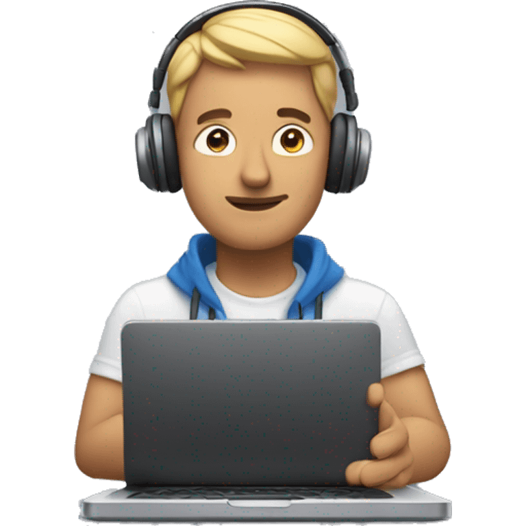 man in headphones talking hold laptop and phone only upper part of body  emoji