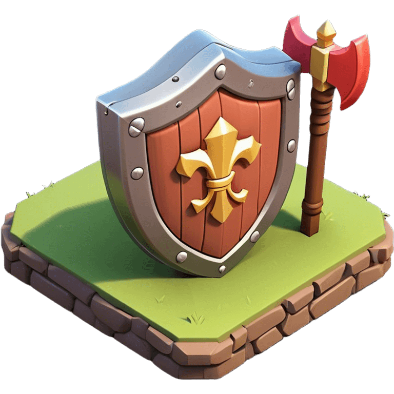 Clash of Clans aesthetic: Cinematic Playful 3D Isometric Shield Emoji, rendered in a 3D vector-style similar to standard emojis with minimal shading and bold, simplified shapes. A compact, distinct form with signature details, softly glowing with a fantasy RPG magic charm. Simplified yet unmistakably iconic, highly detailed and consistent, glowing with a soft radiance and high shine. Stylized with a touch of heroic grandeur and a soft glowing outline, capturing the essence of a beloved gaming relic with a friendly, playful manner! emoji