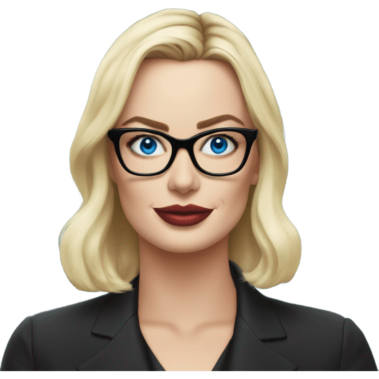 Real margot robbie secretary,  bright blue eyes, wearing black glasses  emoji