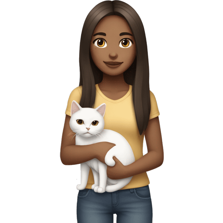 Light skin, Dark brown straight hair girl holding fluffy white cat  emoji