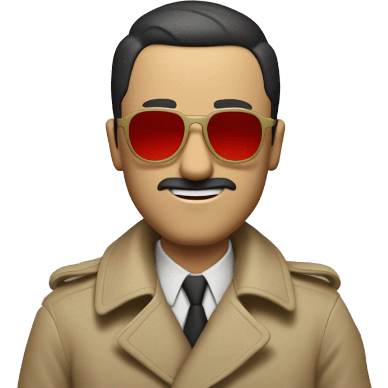 <excerpt>
A 1930s white man with real buzz cut Black hair, beard stubble donning tiny red tinted sun glasses in a dirty tan trench coat, is serious.
</excerpt> emoji