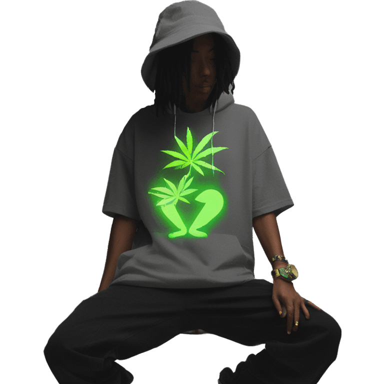 Hemp leaves Multicoloured neon person smoking wearing hoodie dancing hip hop bucket hat tropical Skater fashion aesthetic baggy clothes graphic t shirt 420 emoji