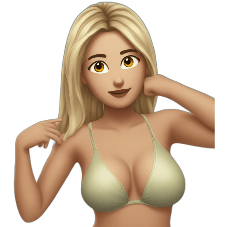 Slim-thicc Caucasian woman bikini hands-in-hair pose (beach body) emoji