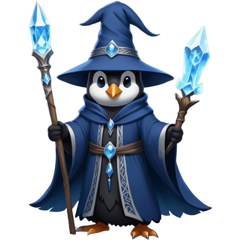 A mysterious penguin mage with sleek midnight-blue feathers, wearing a flowing black robe adorned with silver runes. A tall, pointed wizard hat sits slightly tilted on his head, the brim casting a shadow over his glowing icy-blue eyes. His flipper clutches an ancient wooden staff topped with a swirling crystal, radiating a soft, cold light. Snowflakes drift around him as he stands on a frozen cliff, his aura crackling with arcane energy, ready to summon a blizzard with a flick of his staff. emoji