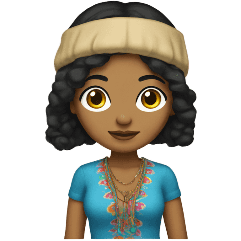 Tanned woman with black hair dressed in 1970s hippie attire, hair, makeup, and attire emoji