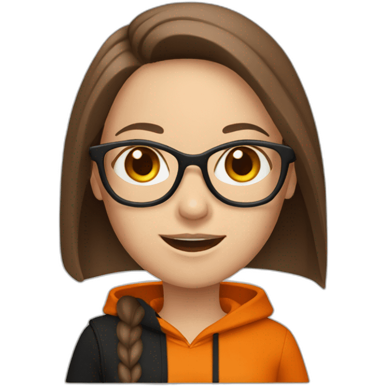 white woman with glasses with long straight brown hair waving wearing a dark orange shirt and black hoodie emoji