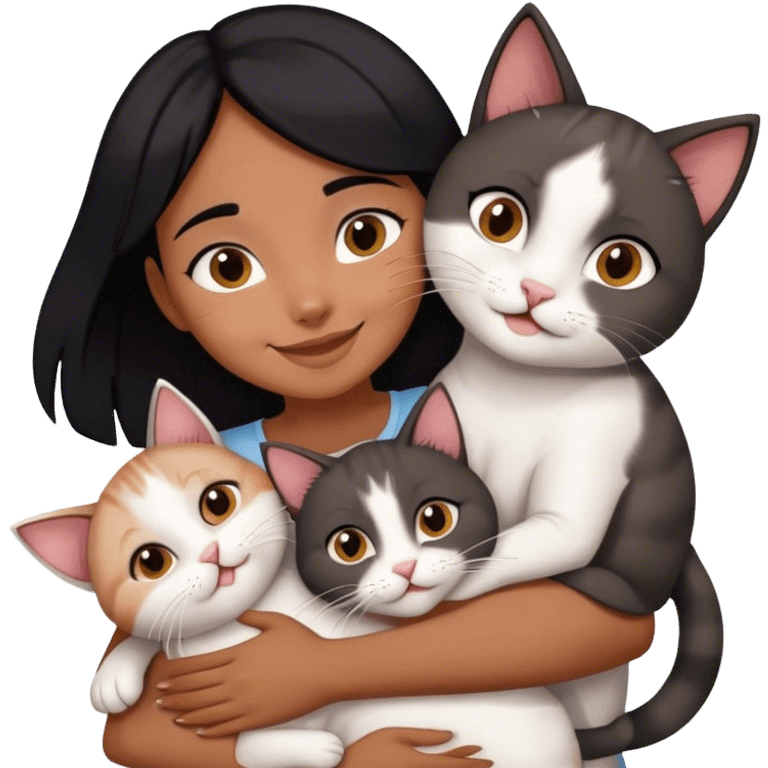 happy black haired girl hugging three cats  (carey cat, gray cat, white brown cat) emoji